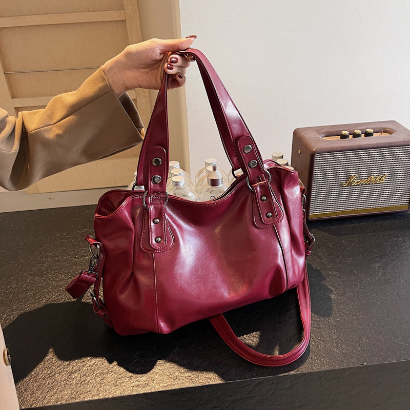 Casual Retro Solid Color PU Large Capacity Shoulder Bag