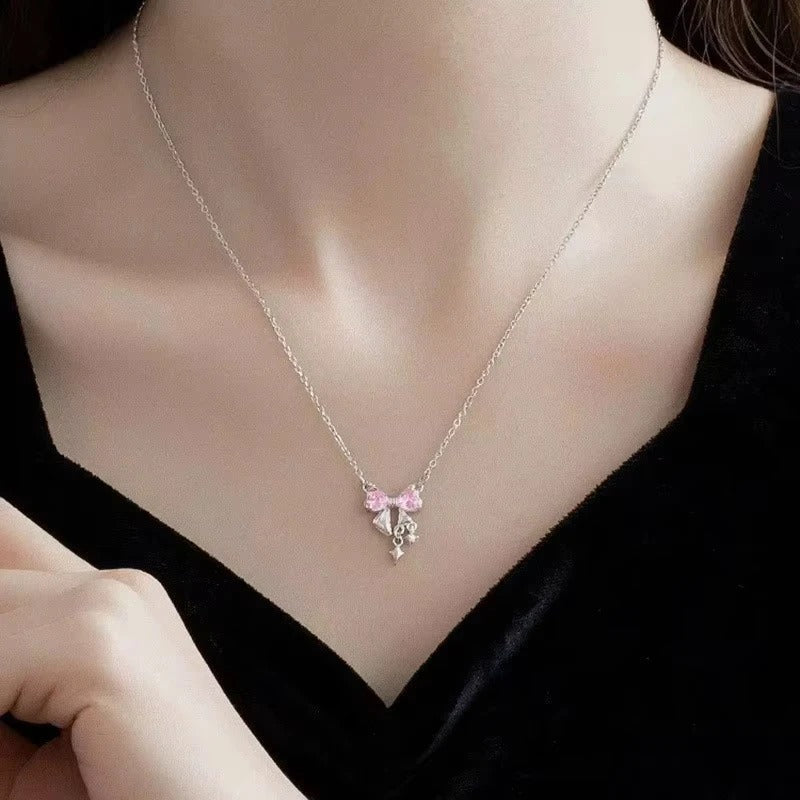 Sweet Pink Bow Necklace Ladies Fashion Sparkling Rhinestone Star