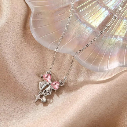 Sweet Pink Bow Necklace Ladies Fashion Sparkling Rhinestone Star